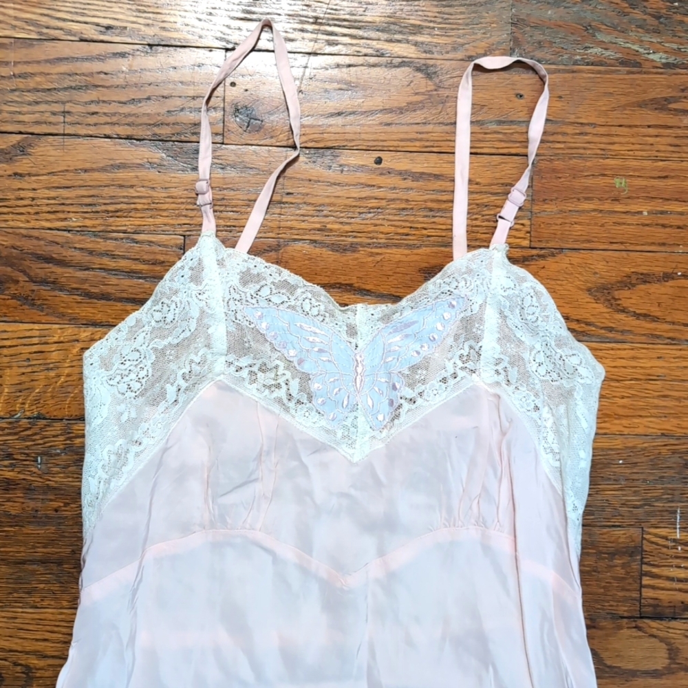 Vintage Slinky Rayon Pink Embroidered Butterfly Lace Slip Slipdress XS